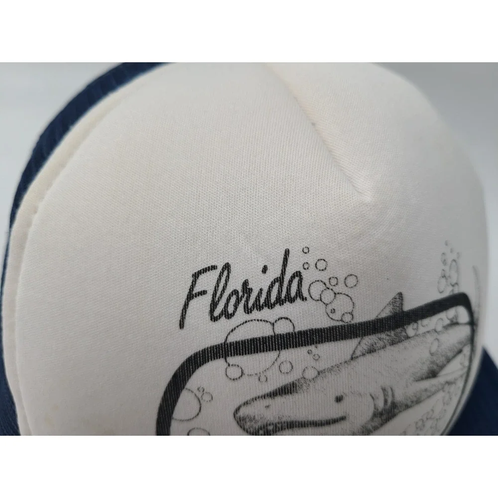 Vintage Florida Shark Mesh Trucker Snapback (Fits Small) Hat Cap Dive White Blue